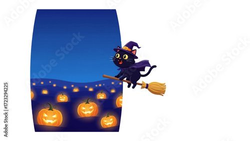 Mystical Halloween Flight: A charming black cat, adorned with a witch's hat and cape, soars through the night sky on a broom, with carved pumpkins.