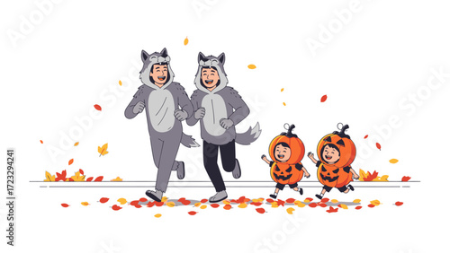 Halloween Family Parade: A family clad in festive costumes joyfully participating in a Halloween celebration, capturing the spirit of the holiday.