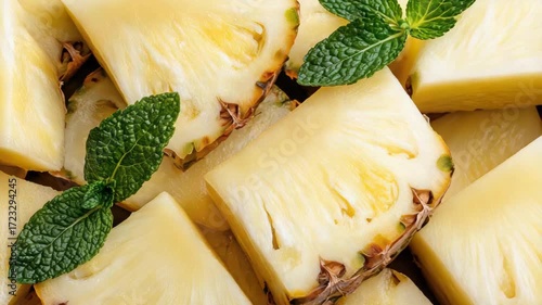 Vibrant Tropical Display of Fresh Pineapple Slices with Mint Leaves for Healthy Fruit Lovers