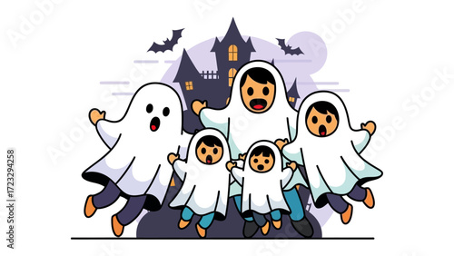 Halloween Family in a Spooky Scene: A cheerful family, playfully dressed as ghosts, stands before a haunted house, celebrating the essence of Halloween with festive bats in the moonlit sky. 