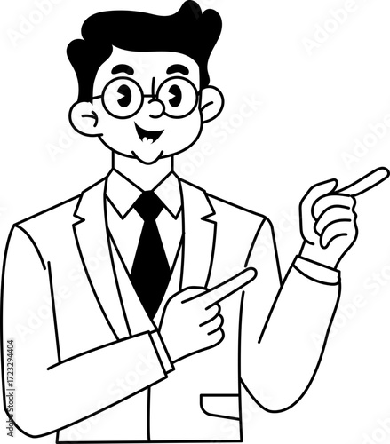 Monochrome illustration of a man in suit pointing with positive expression