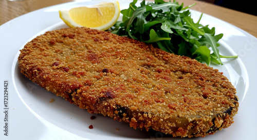 Eggplant Schnitzel, Vegan Cuisine. a thick slice of eggplant breaded with golden panko crumbs and pan-fried, crispy texture visible, served with lemon wedge and arugula salad 