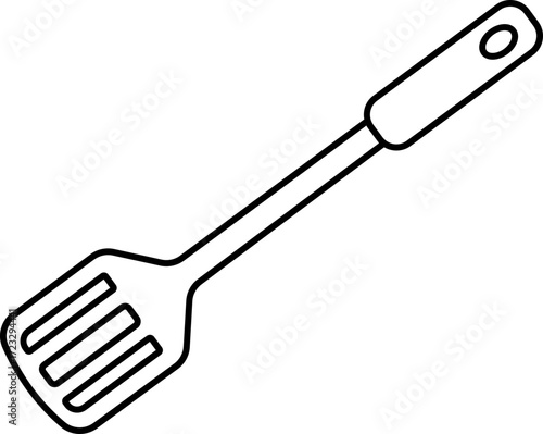 Isolated white outline of a slotted spatula on a black background