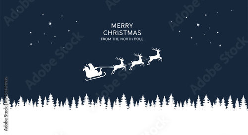 Santa's magical sleigh ride with reindeer soaring over snowy forest under starry night sky, wishing Merry Christmas joy