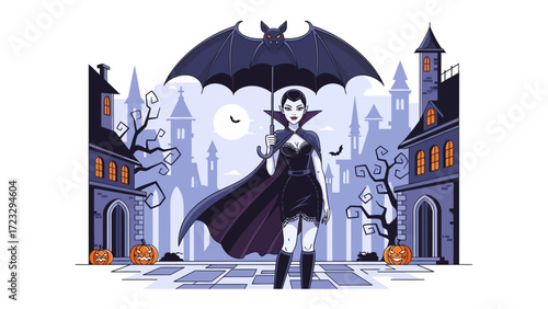 Elegant Vampire in Spooky Town: A captivating depiction of a stylish vampire, gracefully traversing a twilight town, adorned with ominous details and a touch of autumnal charm.