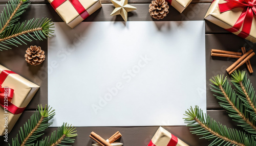 Wallpaper Mural Christmas banner. Blank Christmas card with gifts and pine branches flat lay Torontodigital.ca