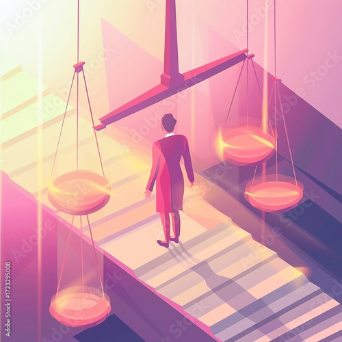 Navigating ethical dilemmas: Man walking towards the scales of justice
