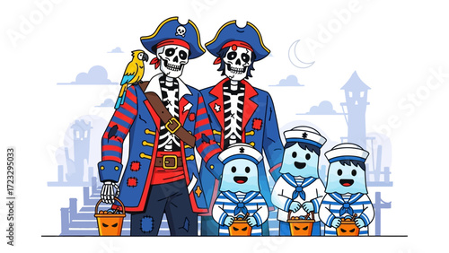 Halloween Spectacle: A quirky illustration featuring a skeleton pirate family with sailor friends, ready for trick-or-treating during the spooky season. 