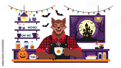Halloween Cafe: A friendly werewolf barista in a warmly lit Halloween cafe serves a pumpkin spice latte, offering a spooky yet welcoming experience.