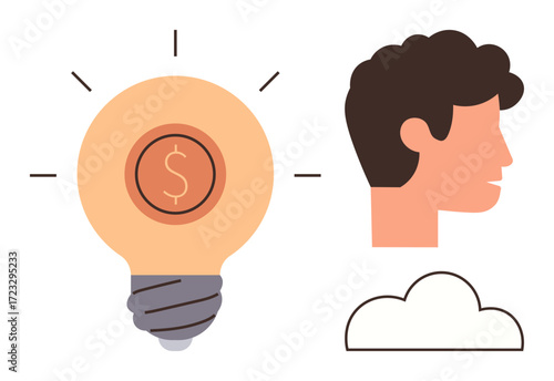 Human side profile, glowing light bulb with dollar sign, and cloud outline. Ideal for creativity, innovation, entrepreneurship, financial ideas, goal setting brainstorming design thinking. Simple