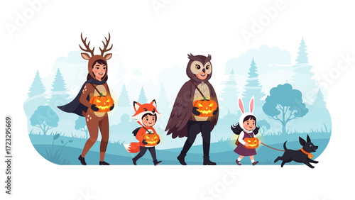 Spooky Fun: A collection of children and their companions, costumed for a night of trick-or-treating. They venture forth with glowing jack-o'-lanterns and anticipation.