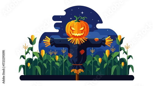 Spooky Scarecrow's Night: A spirited illustration of a scarecrow with a pumpkin head standing guard amid tall corn stalks under a starlit Halloween night.