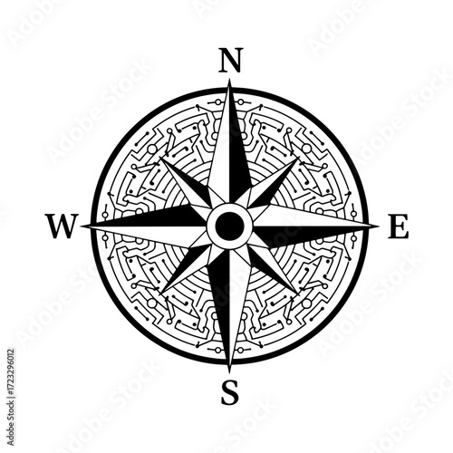 Digital Compass Circuit Logo. Maze circuit Compass icon vector	