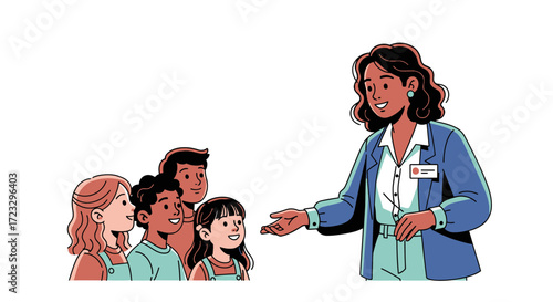 Teacher instructing diverse group of children in a classroom setting illustration.