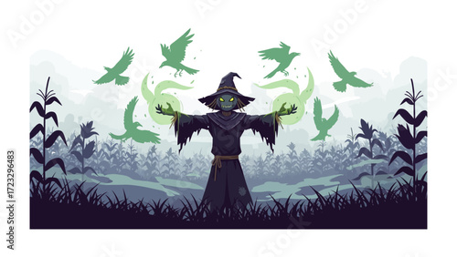 Mystic Wizard in Cornfield: An enchanting depiction of a mystical wizard standing in a cornfield, his hands emitting magical energy as crows swirl above, illustrating the mystical charm of the art.