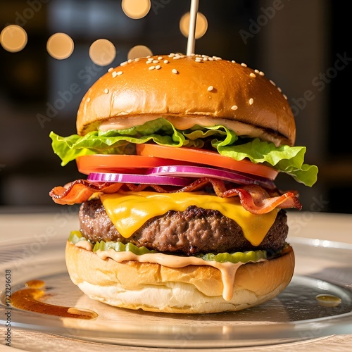A towering, juicy bacon cheeseburger with melted cheddar, crisp lettuce, tomato, red onion, and pickles, drizzled with sauce on a toasted brioche bun