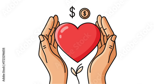 Hands holding a heart with dollar sign and coin above a sprout.