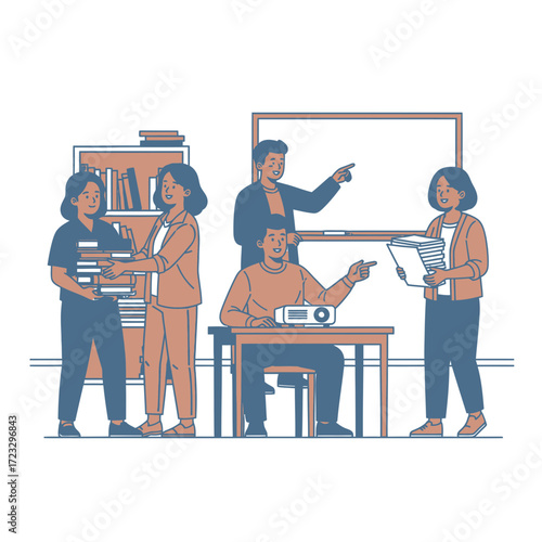 People in an office setting with a whiteboard and a bookshelf.