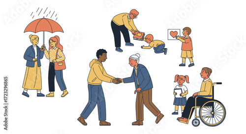 Diverse group of people interacting and helping each other illustration on white background.