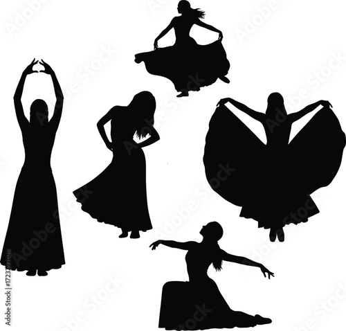 An Elegant Collection of Female Dancer Silhouettes in Expressive Flamenco, Gypsy, or Belly Dance Poses