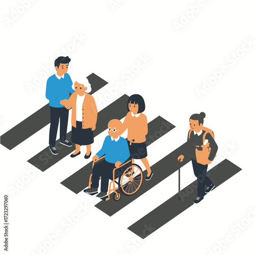 Group of people assisting a person in a wheelchair on a crosswalk.