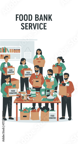 People volunteering at food bank service with boxes and table illustration.