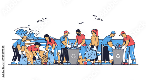 Group of people cleaning a beach near the ocean with trash bags.