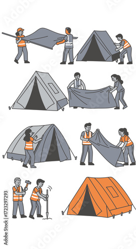 Illustration shows steps to set up a tent with two people.