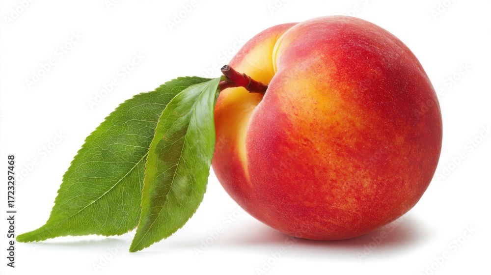 Fototapeta premium A ripe peach with creamy yellow skin and red patches, featuring smooth texture, natural dimple,