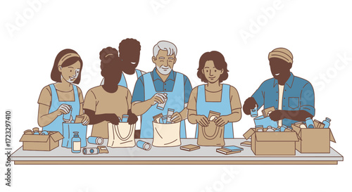 Diverse group of people volunteers packing food items at a table.