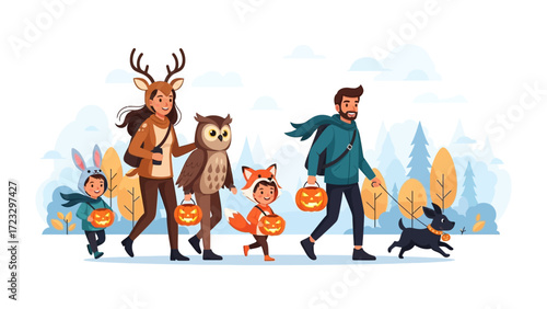 Halloween Family Fun: A family, dressed in various costumes, joyfully strolls along a path, each member clutching a pumpkin-shaped treat bucket. A whimsical illustration filled with seasonal delight.