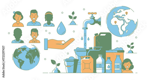 Illustration shows water conservation with people earth tap containers and plants.