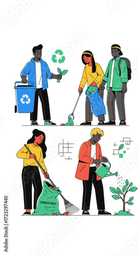 People cleaning outdoors sweeping watering plants and recycling in an eco friendly manner.