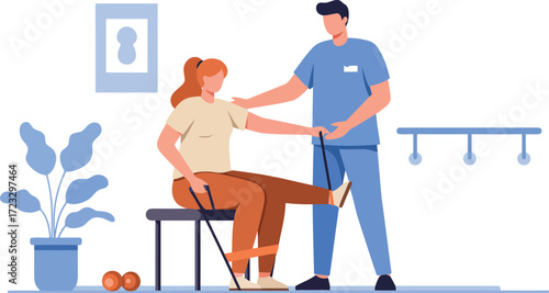 Physical therapy session for leg injury with doctor and patient in clinic flat illustration vector