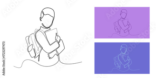 Continuous one line drawing of student with school backpack and hugging a book. Minimalist outline vector, education concept, back to school, child learning, studying, kid illustration line art.