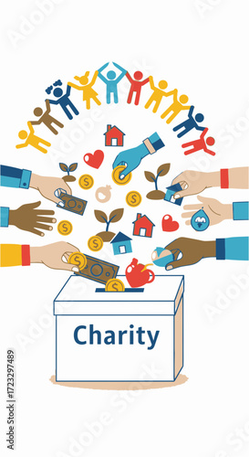 Charity box with hands donating for people houses plants and other good causes.