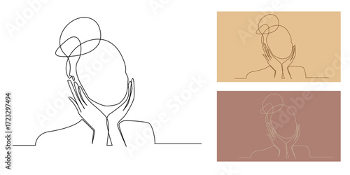 Continuous one line drawing of a woman with hair bun holding her cheeks with both hands. Minimalist beauty concept, elegant female portrait outline, fashion and skincare illustration.