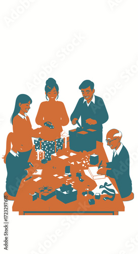 Group of children gathered around an orange table playing a game.