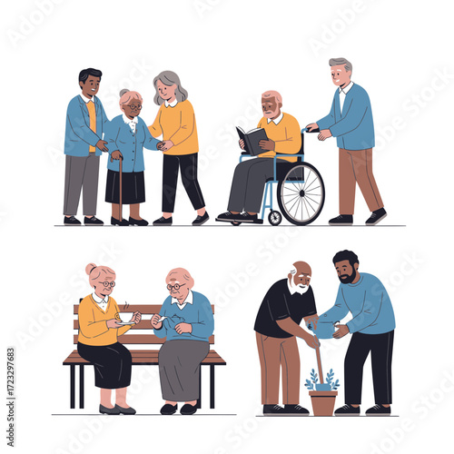 People assisting elderly individuals some in wheelchairs and on benches illustration.