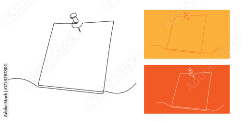Continuous one line drawing of a paper note pinned with a push pin. Minimalist reminder board illustration, outline sticky note, office memo concept, school and business stationery design.