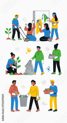 People working together planting trees and cleaning up trash in a park.