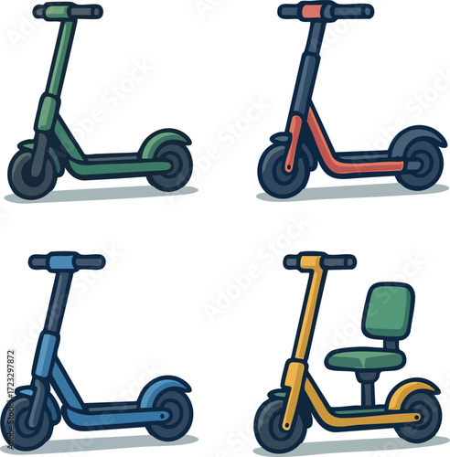 Set of colorful electric scooters illustration.