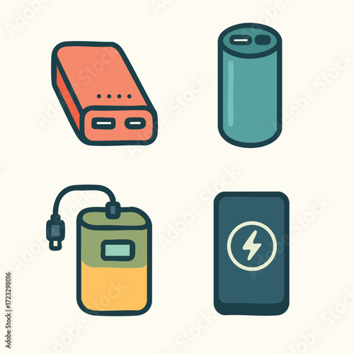 Set of four portable power banks for charging devices.