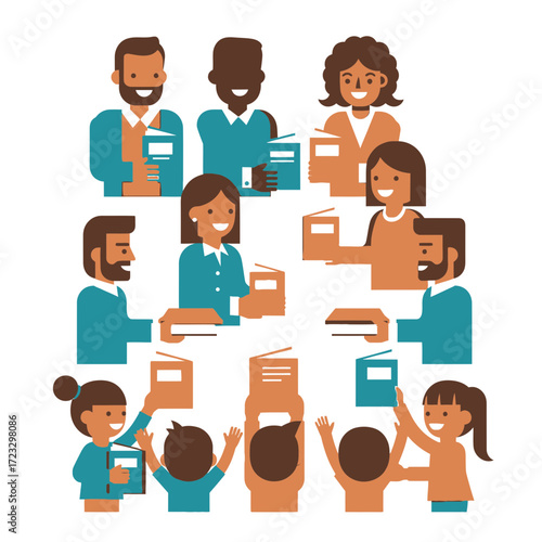 Group of diverse people holding books smiling in a flat vector illustration.