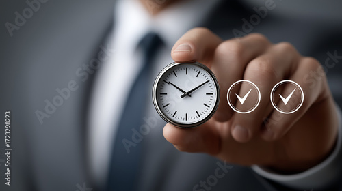 Timely Triumph: A sharply dressed individual holds a classic wristwatch, paired with check marks, symbolizing time management, efficiency, and achieving deadlines, conveying success.