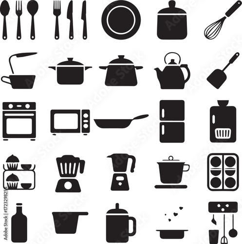 Collection of kitchen utensils and appliances in black silhouette