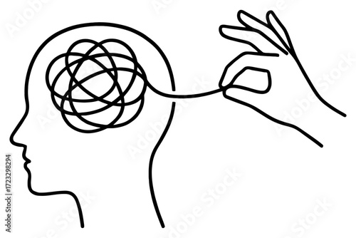 Line art head with tangled thoughts, hand unraveling thread for mental clarity