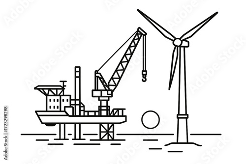 Offshore crane platform with wind turbine line art, renewable energy at sea