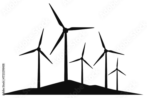 Silhouette wind turbines on hill generating renewable clean energy