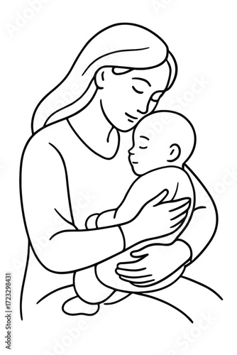 Outline illustration of mother holding baby in arms maternal love concept